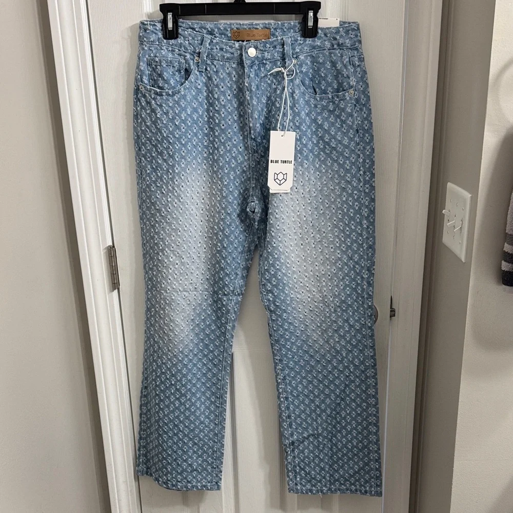 Chic High Rise Blue Patterned Jeans - Picture 1 of 7